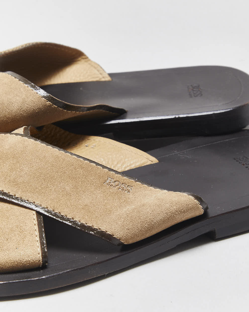 Vintage Hugo Boss Tan Suede Cross-Over Slip On Sandals - UK8
