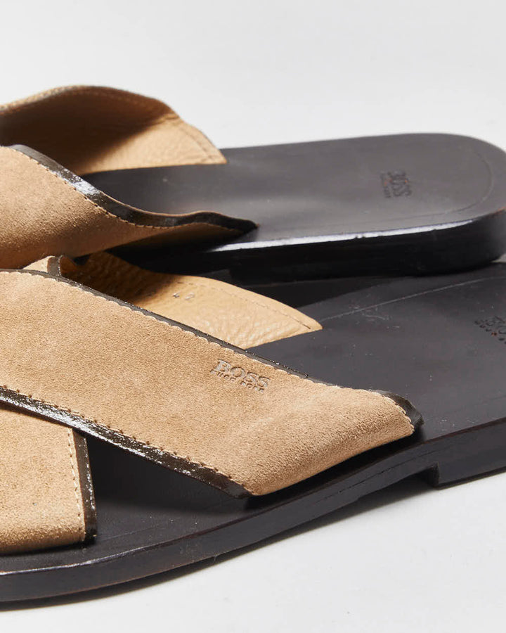 Vintage Hugo Boss Tan Suede Cross-Over Slip On Sandals - UK8