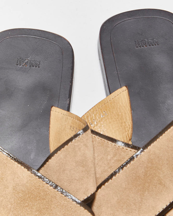 Vintage Hugo Boss Tan Suede Cross-Over Slip On Sandals - UK8