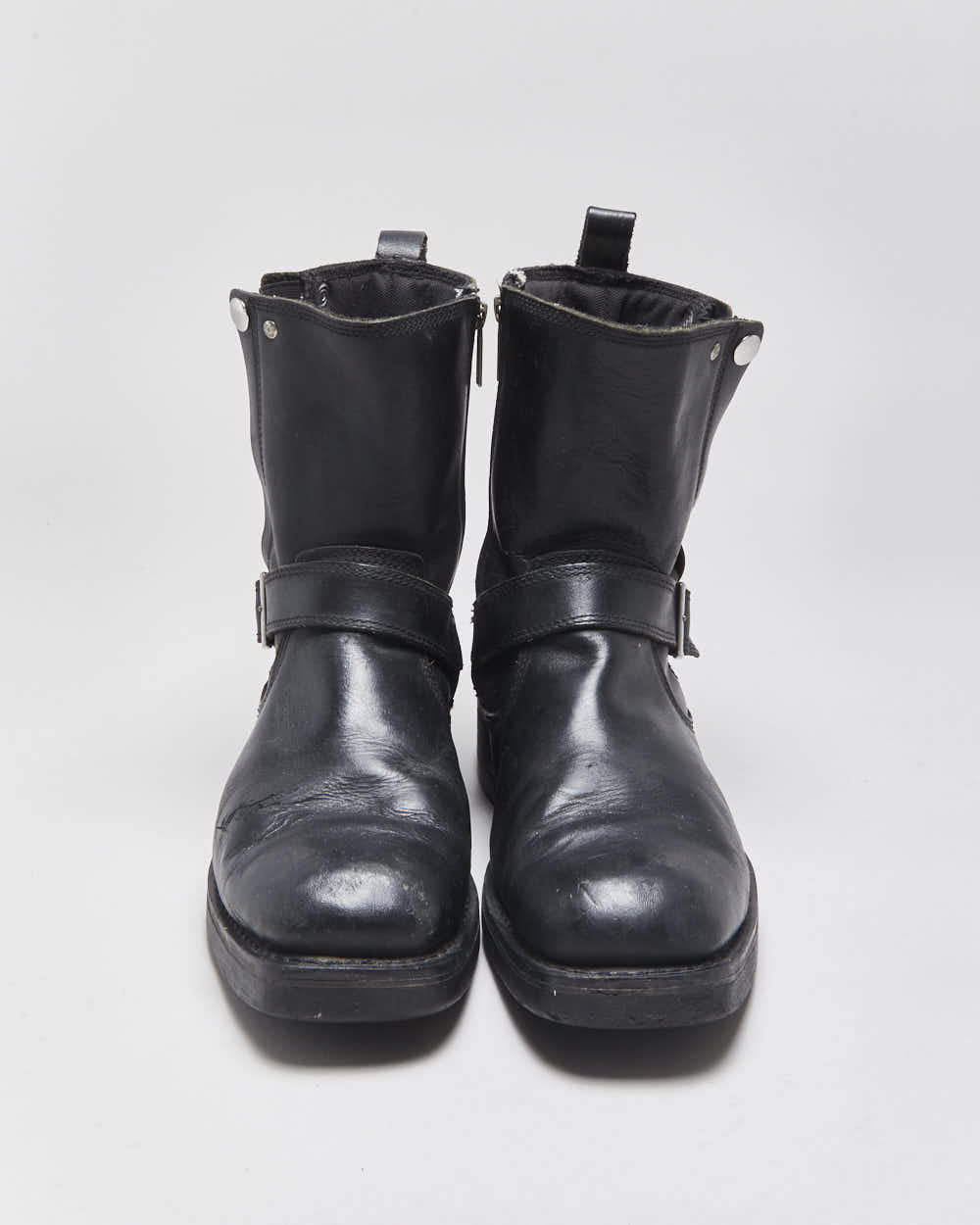 Vintage Harley Davidson Leather Square Toe Buckle Ankle Biker Boots - UK9