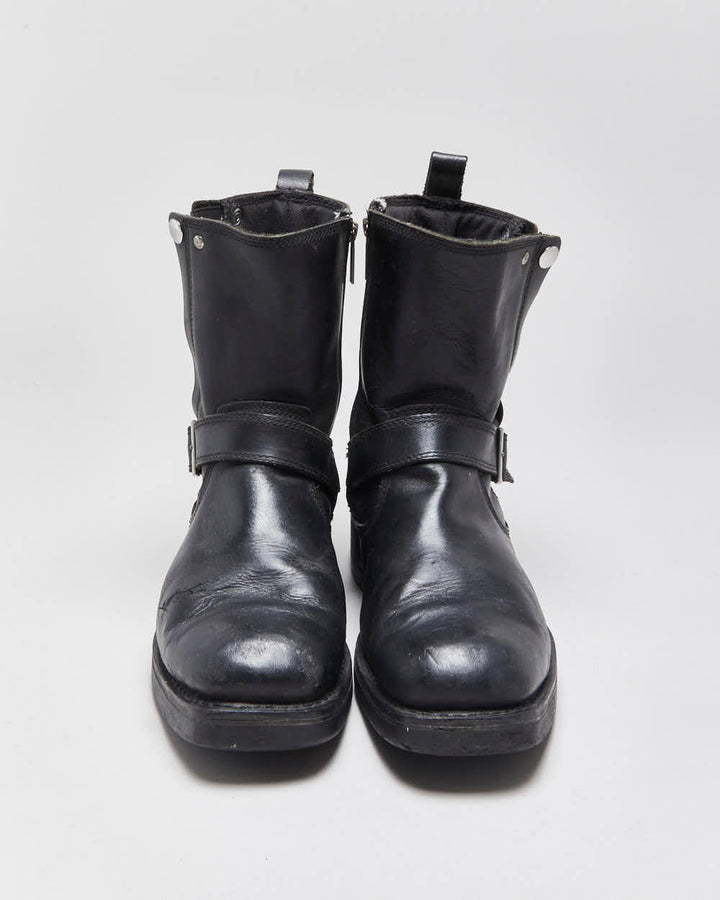 Vintage Harley Davidson Leather Square Toe Buckle Ankle Biker Boots - UK9