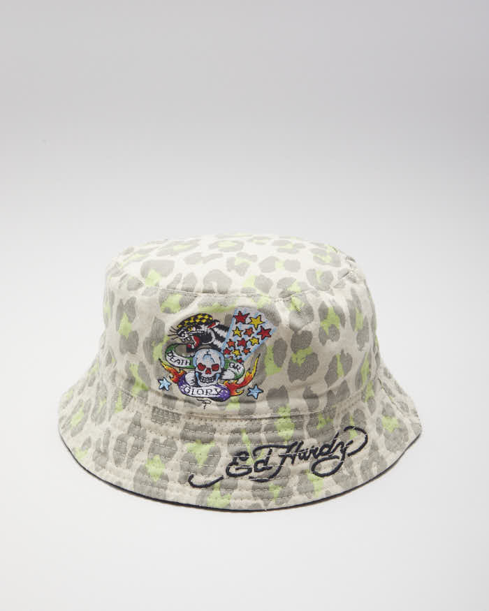 Y2k Ed Hardy Reversible Leopard Print Embroidered Bucket Hat
