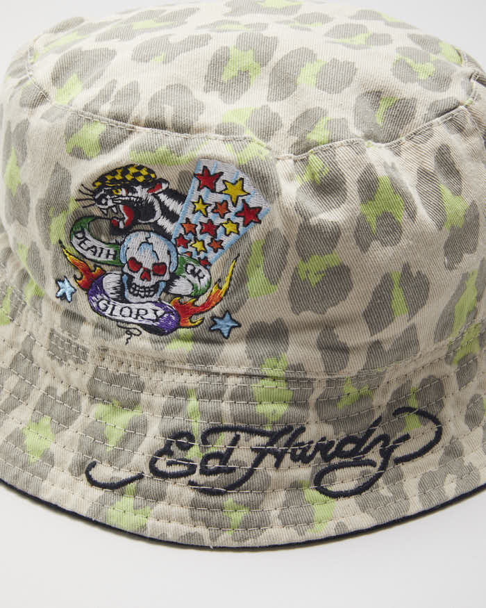 Y2k Ed Hardy Reversible Leopard Print Embroidered Bucket Hat