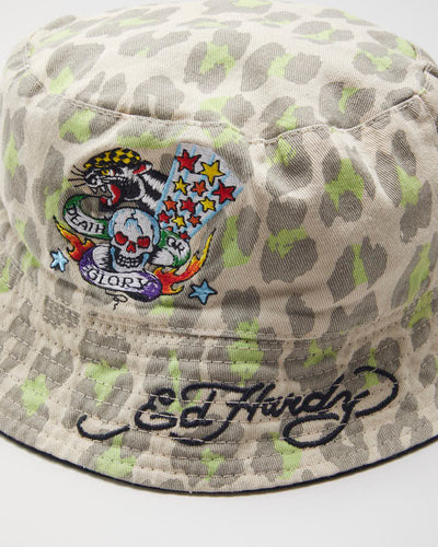 Y2k Ed Hardy Reversible Leopard Print Embroidered Bucket Hat