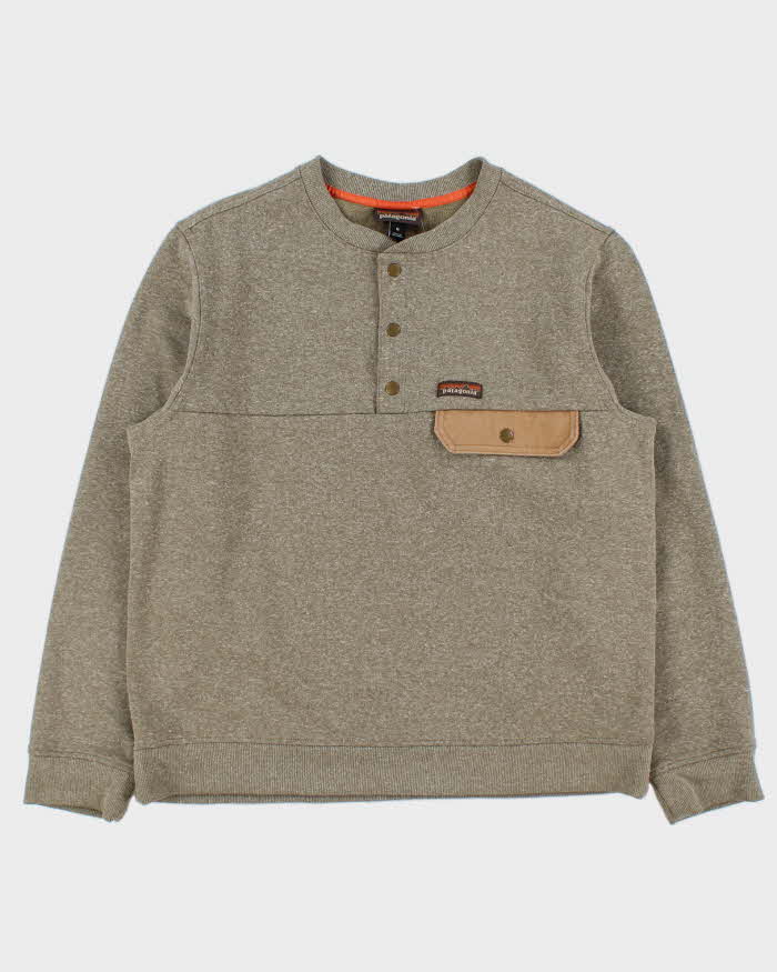 Vintage Patagonia Marl Khaki Fleece Lined Snap Button Canvas Pocket Sweatshirt - M