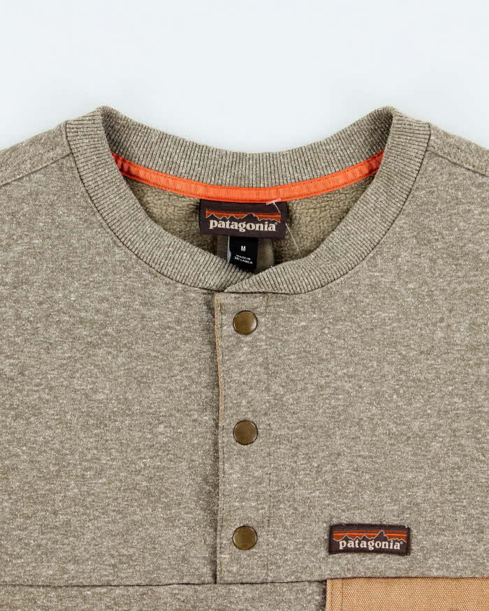 Vintage Patagonia Marl Khaki Fleece Lined Snap Button Canvas Pocket Sweatshirt - M