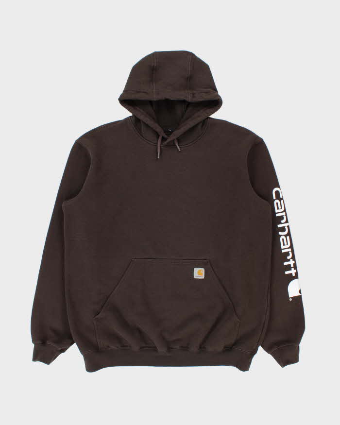 Vintage Carhartt Brown Midweight Sleeve Logo Tall Original Fit Pullover Hoodie - L