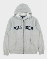 Vintage Y2K 00s Tommy Hilfiger Grey Marl Patch Embroidered Spell-Out Full-Zip Hoodie - M
