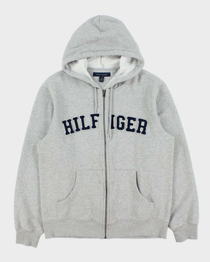 Vintage Y2K 00s Tommy Hilfiger Grey Marl Patch Embroidered Spell-Out Full-Zip Hoodie - M
