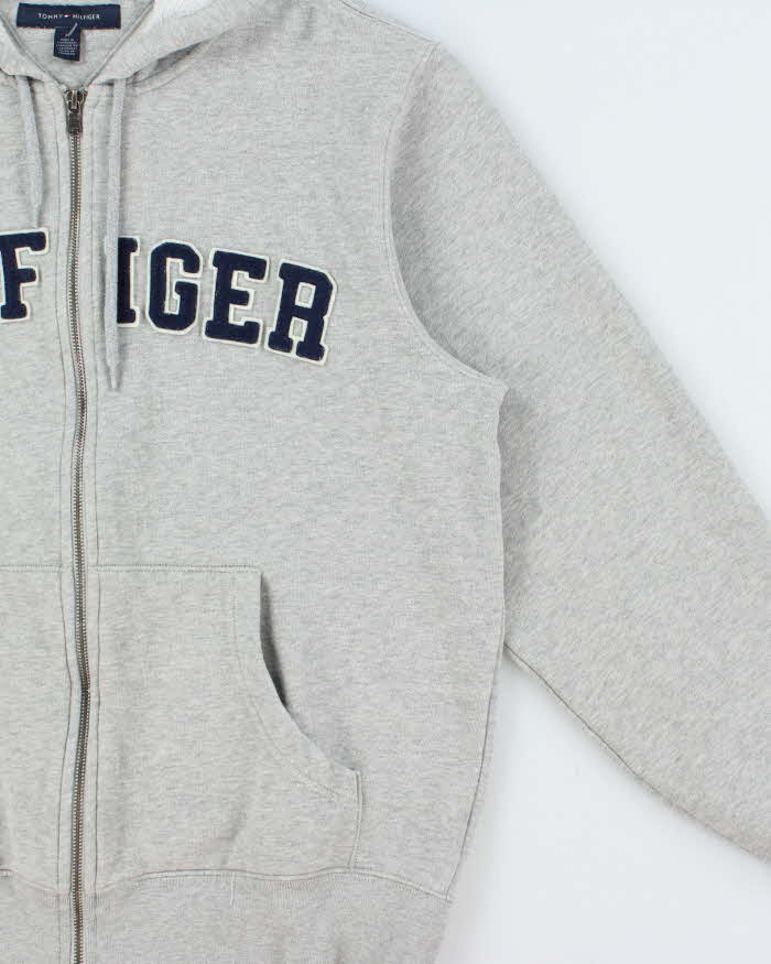 Vintage Y2K 00s Tommy Hilfiger Grey Marl Patch Embroidered Spell-Out Full-Zip Hoodie - M