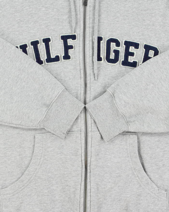 Vintage Y2K 00s Tommy Hilfiger Grey Marl Patch Embroidered Spell-Out Full-Zip Hoodie - M