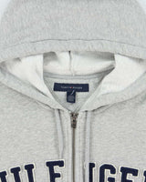 Vintage Y2K 00s Tommy Hilfiger Grey Marl Patch Embroidered Spell-Out Full-Zip Hoodie - M