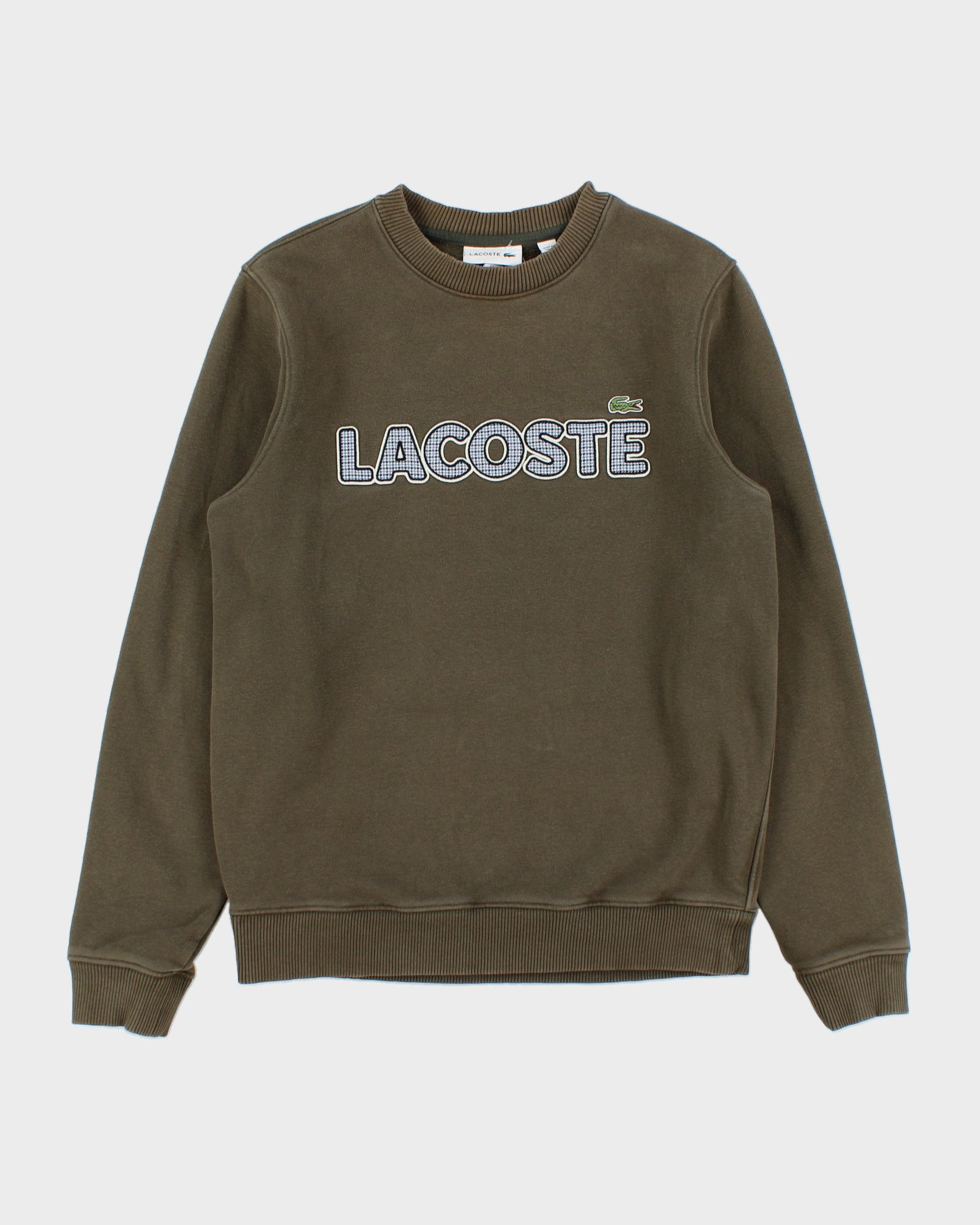 Vintage Lacoste Khaki Embroidered Houndstooth Spell Out Heavyweight Crewneck Sweatshirt - S