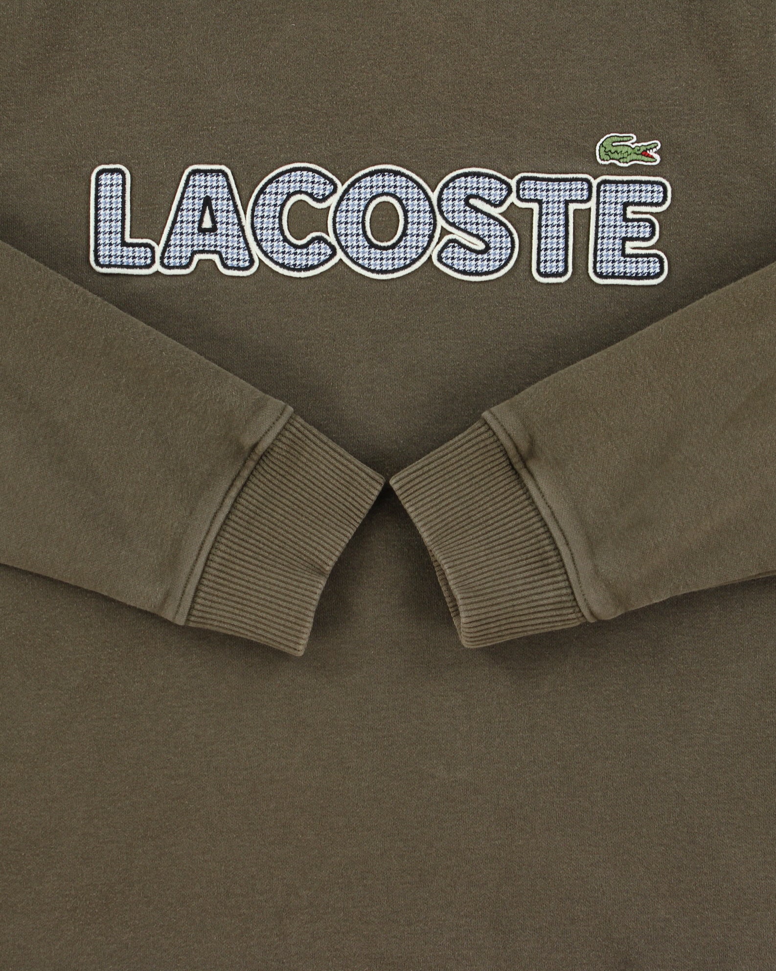 Vintage Lacoste Khaki Embroidered Houndstooth Spell Out Heavyweight Crewneck Sweatshirt - S