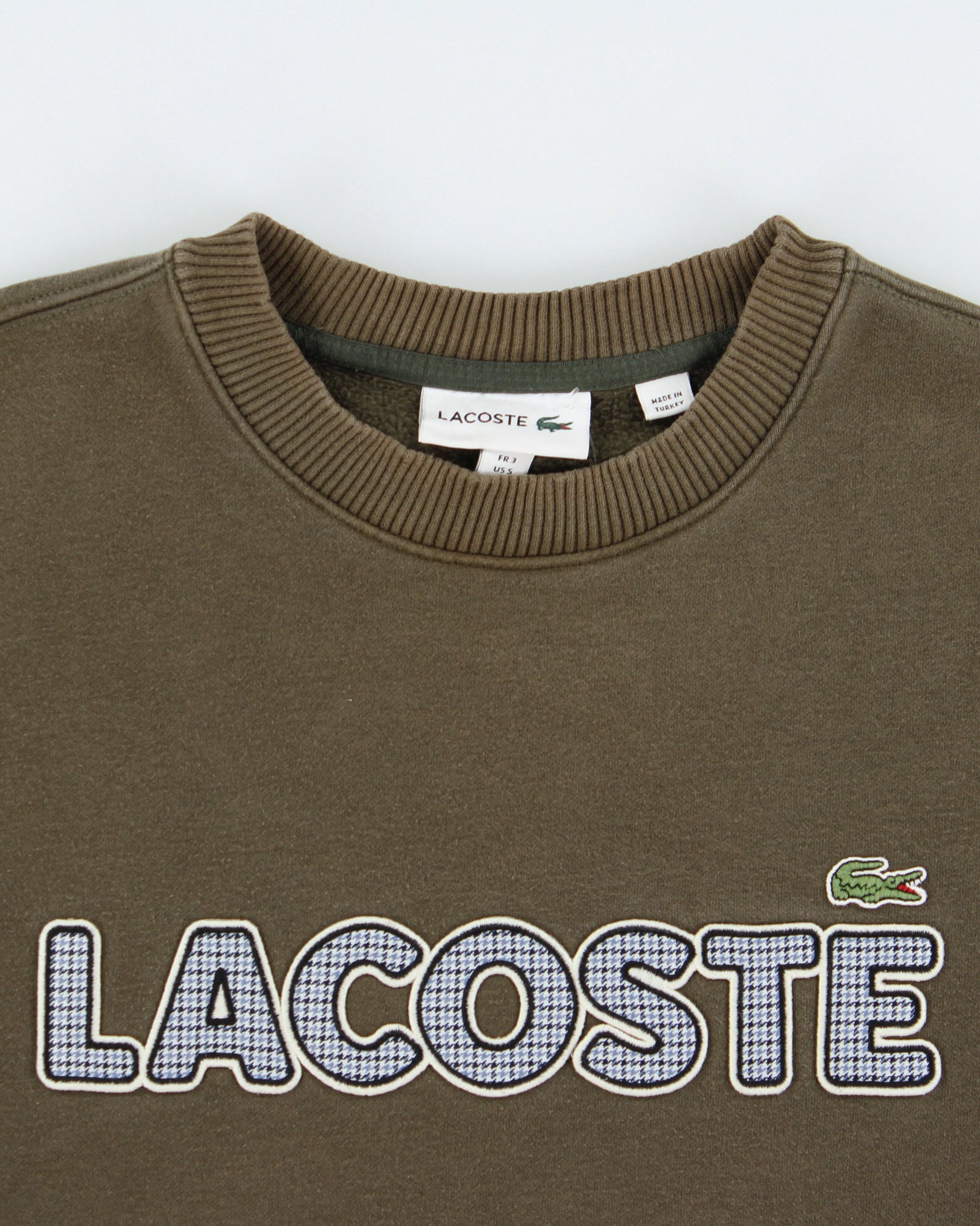Vintage Lacoste Khaki Embroidered Houndstooth Spell Out Heavyweight Crewneck Sweatshirt - S