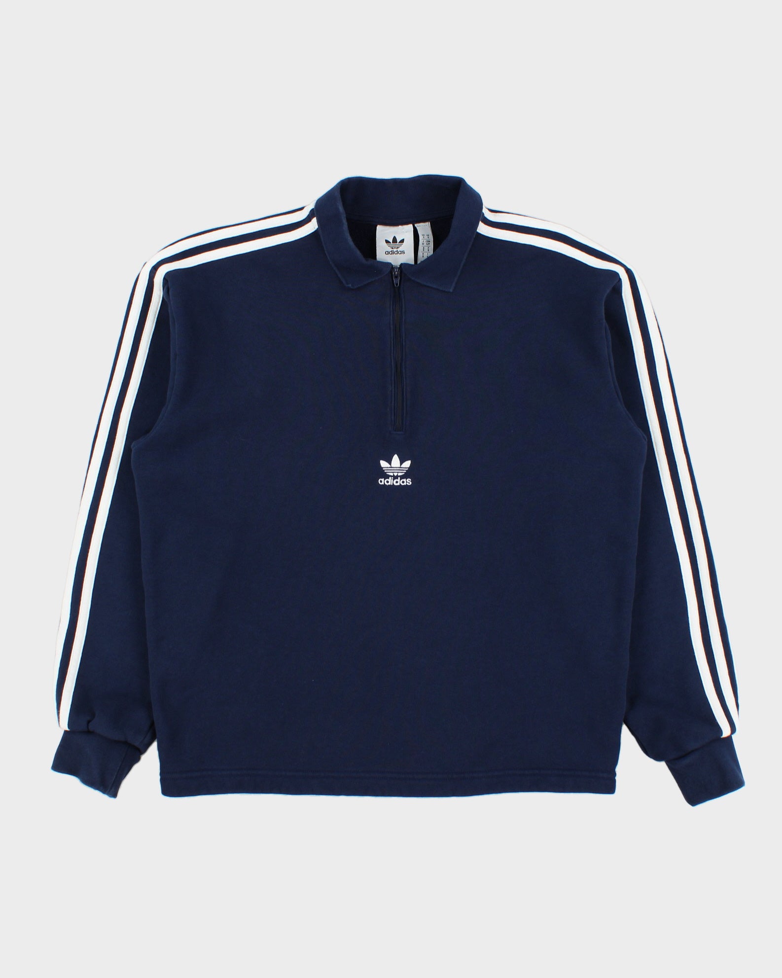Vintage Adidas Originals Navy Heavyweight Embroidered 3-Stripe Quarter-Zip Collared Sweatshirt - S