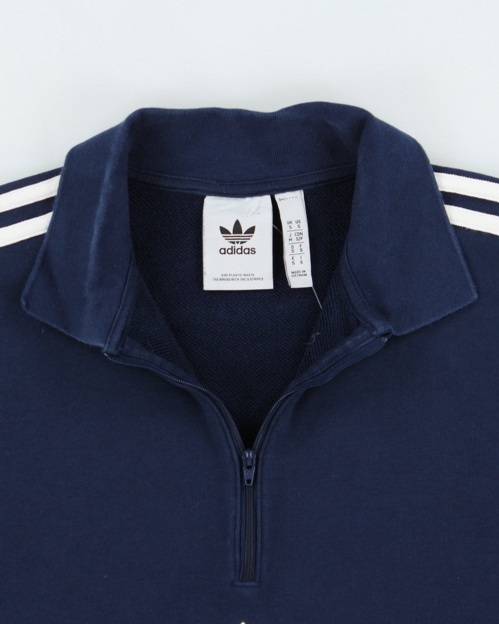Vintage Adidas Originals Navy Heavyweight Embroidered 3-Stripe Quarter-Zip Collared Sweatshirt - S