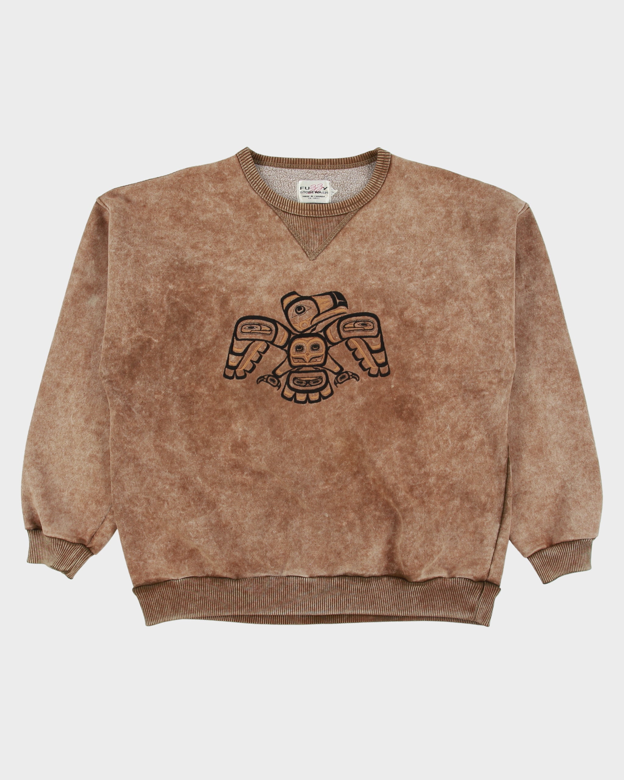 Vintage 1990s Fussy Stone Wash Tan Made In Canada Embroidered Native Crewneck Sweatshirt - M