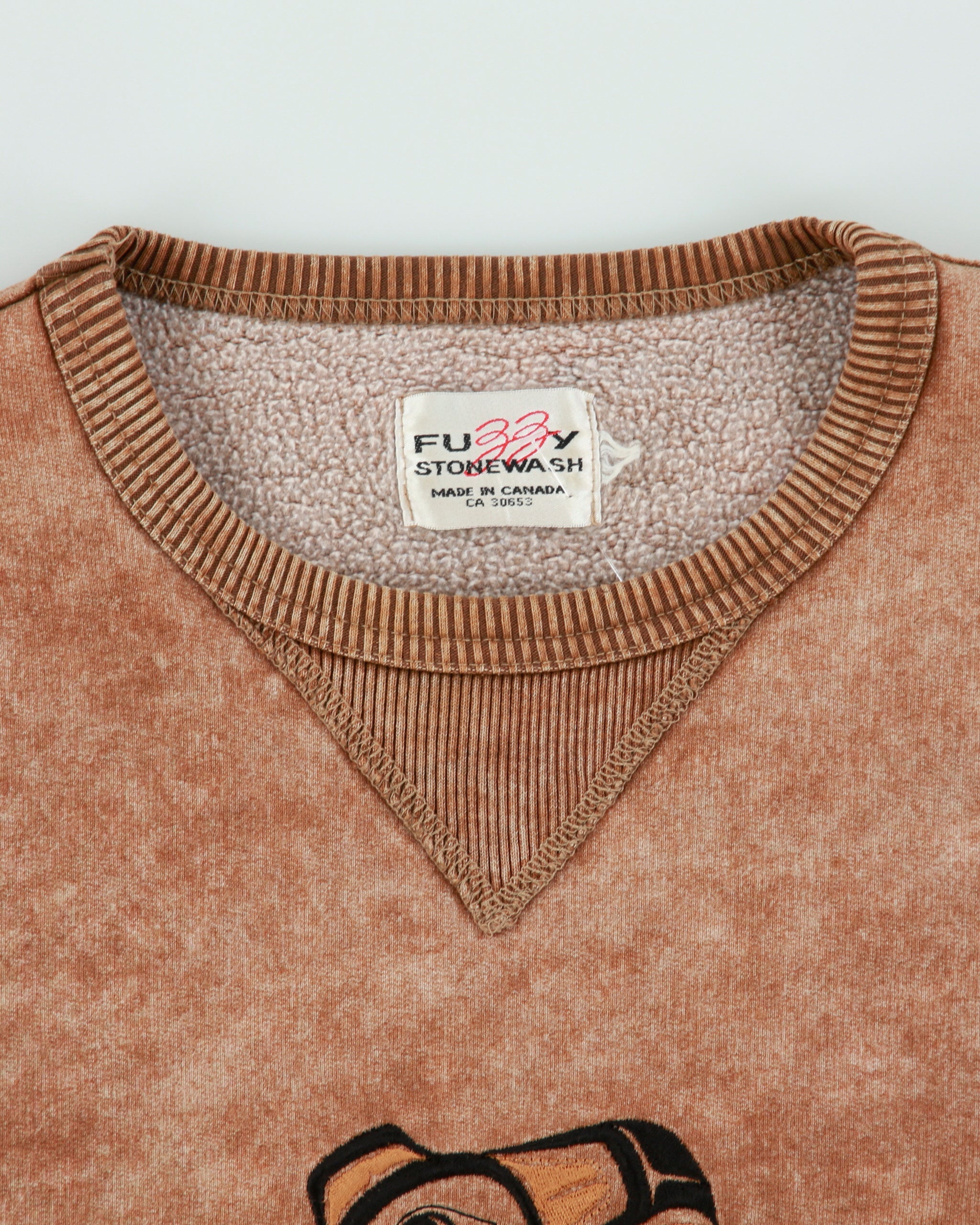 Vintage 1990s Fussy Stone Wash Tan Made In Canada Embroidered Native Crewneck Sweatshirt - M