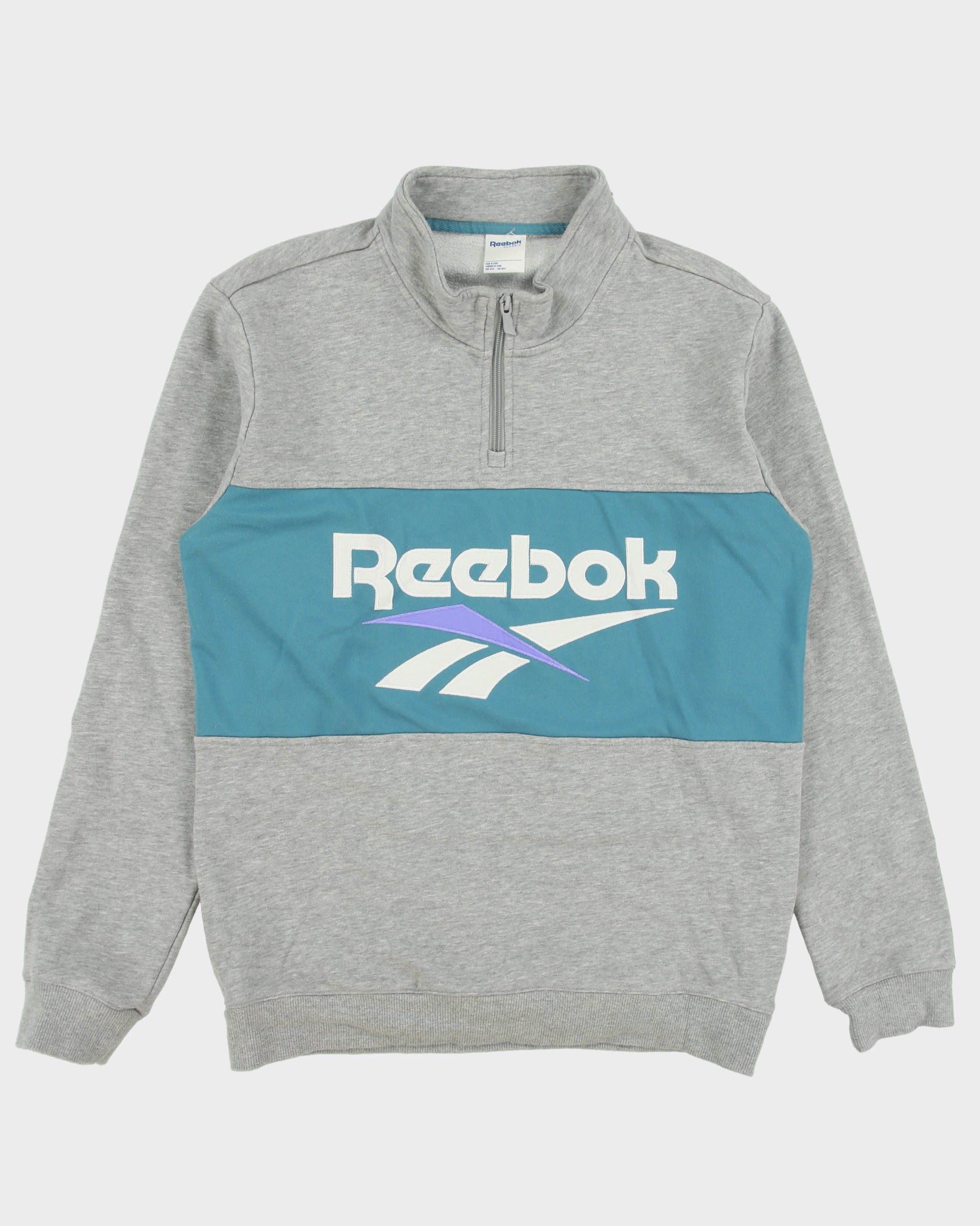 Vintage Reebok Classic Grey Marl Embroidered Spell Out Quarter-Zip Sweatshirt - M