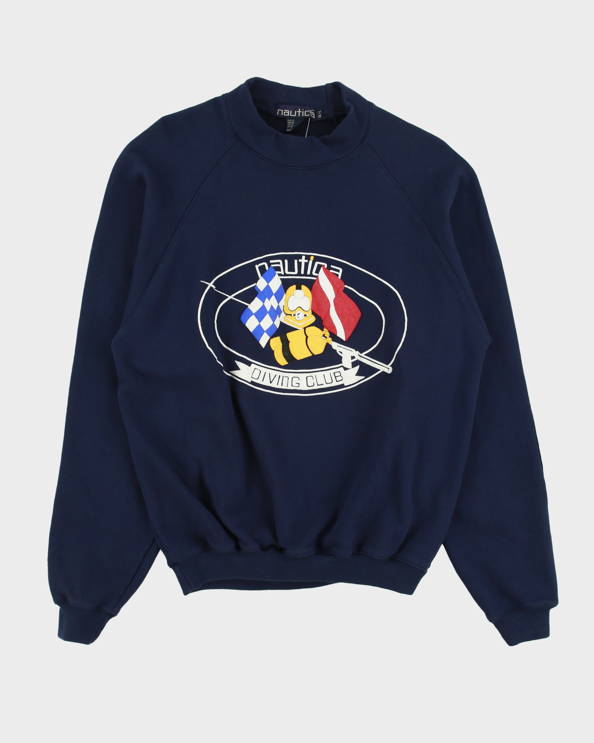 Vintage 1990s Nautica Diving Club Navy Puff Print High-Neck Crewneck Sweatshirt - L