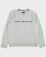 Vintage Tommy Hilfiger Grey Marl Embroidered Spell Out Fleece Lined Crewneck Sweatshirt - L