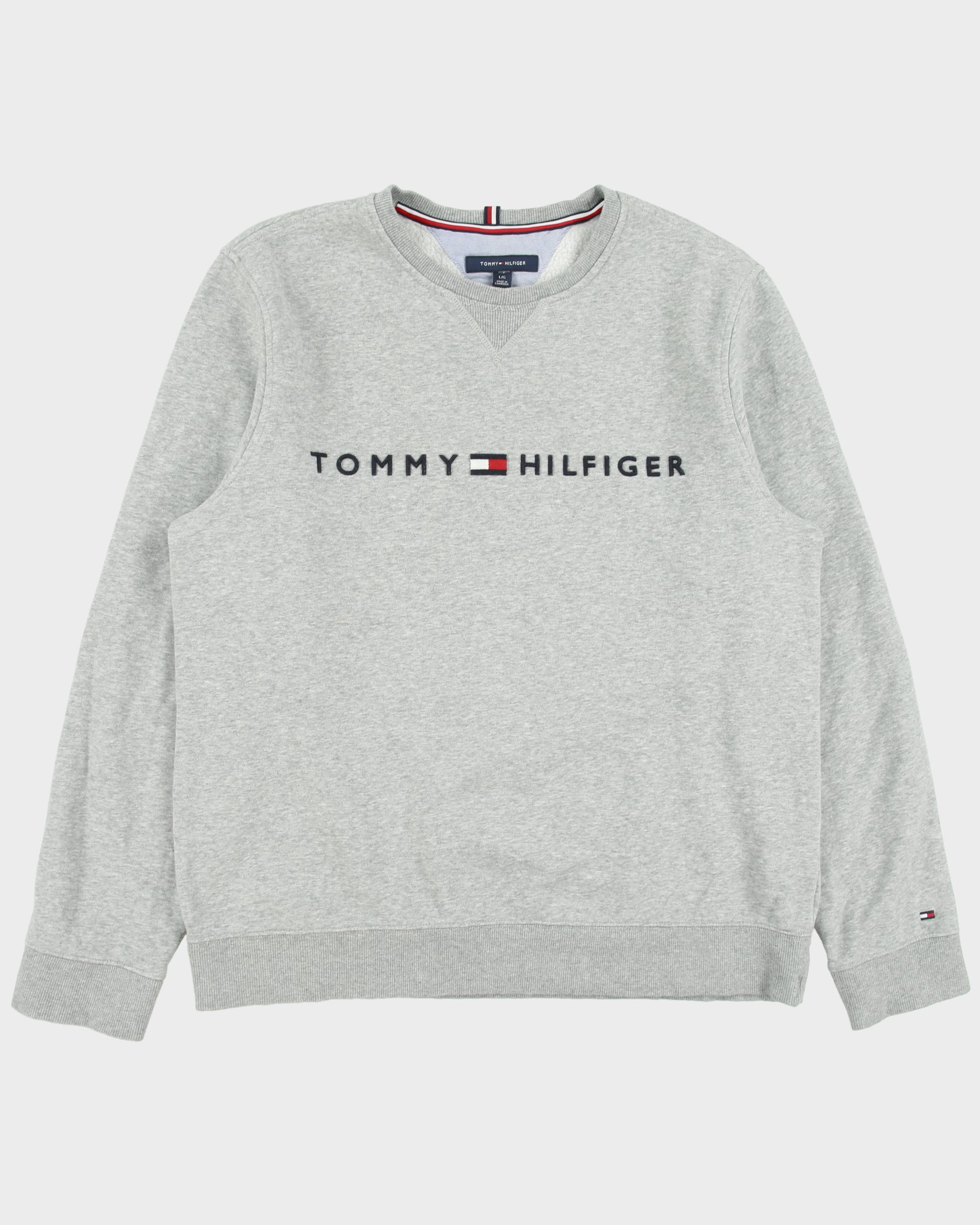 Vintage Tommy Hilfiger Grey Marl Embroidered Spell Out Fleece Lined Crewneck Sweatshirt - L