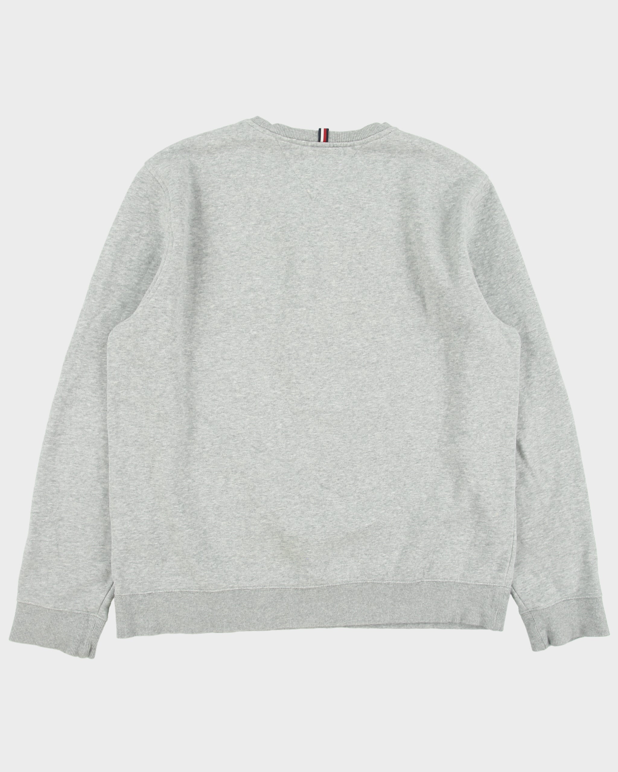 Vintage Tommy Hilfiger Grey Marl Embroidered Spell Out Fleece Lined Crewneck Sweatshirt - L