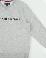 Vintage Tommy Hilfiger Grey Marl Embroidered Spell Out Fleece Lined Crewneck Sweatshirt - L