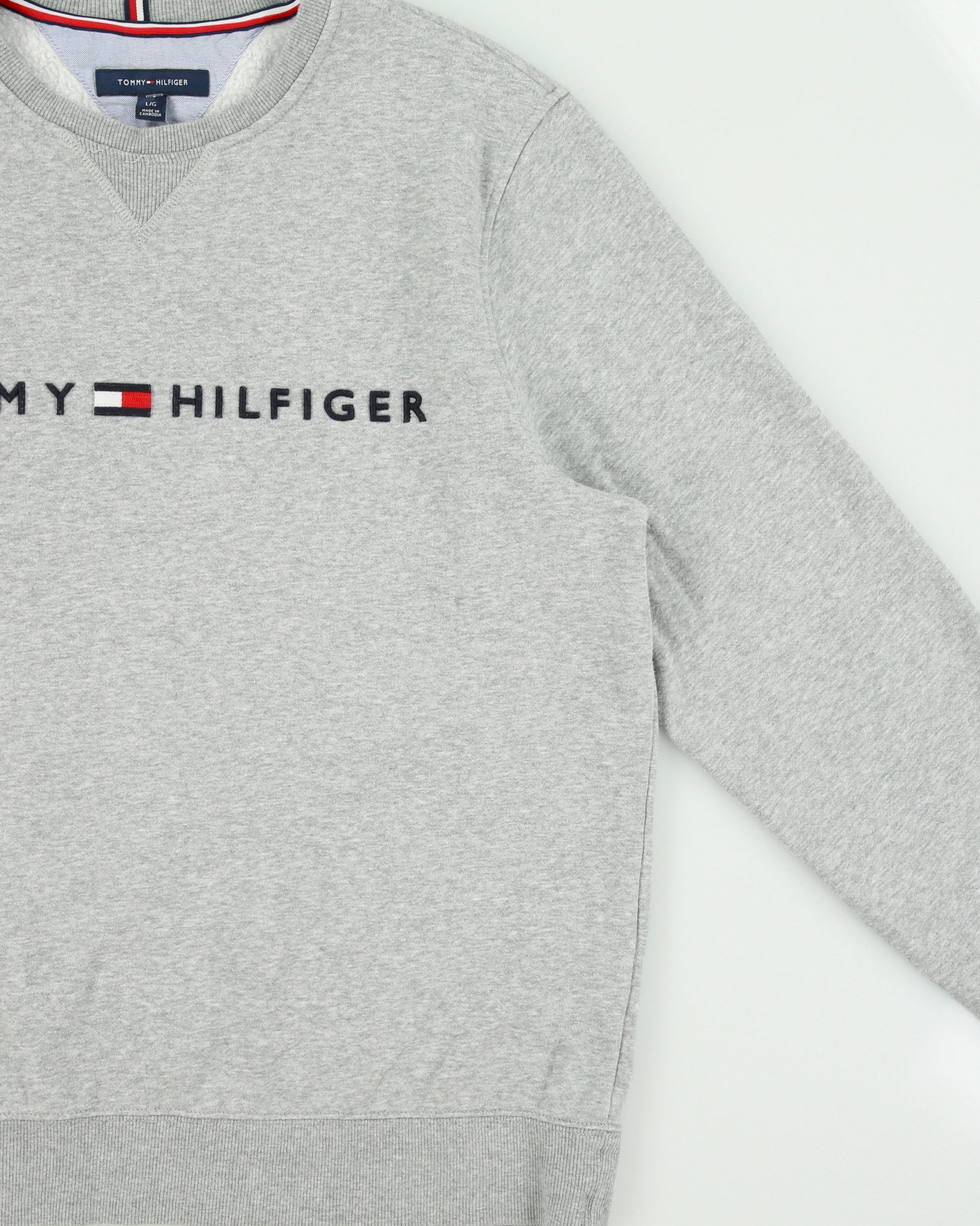 Vintage Tommy Hilfiger Grey Marl Embroidered Spell Out Fleece Lined Crewneck Sweatshirt - L