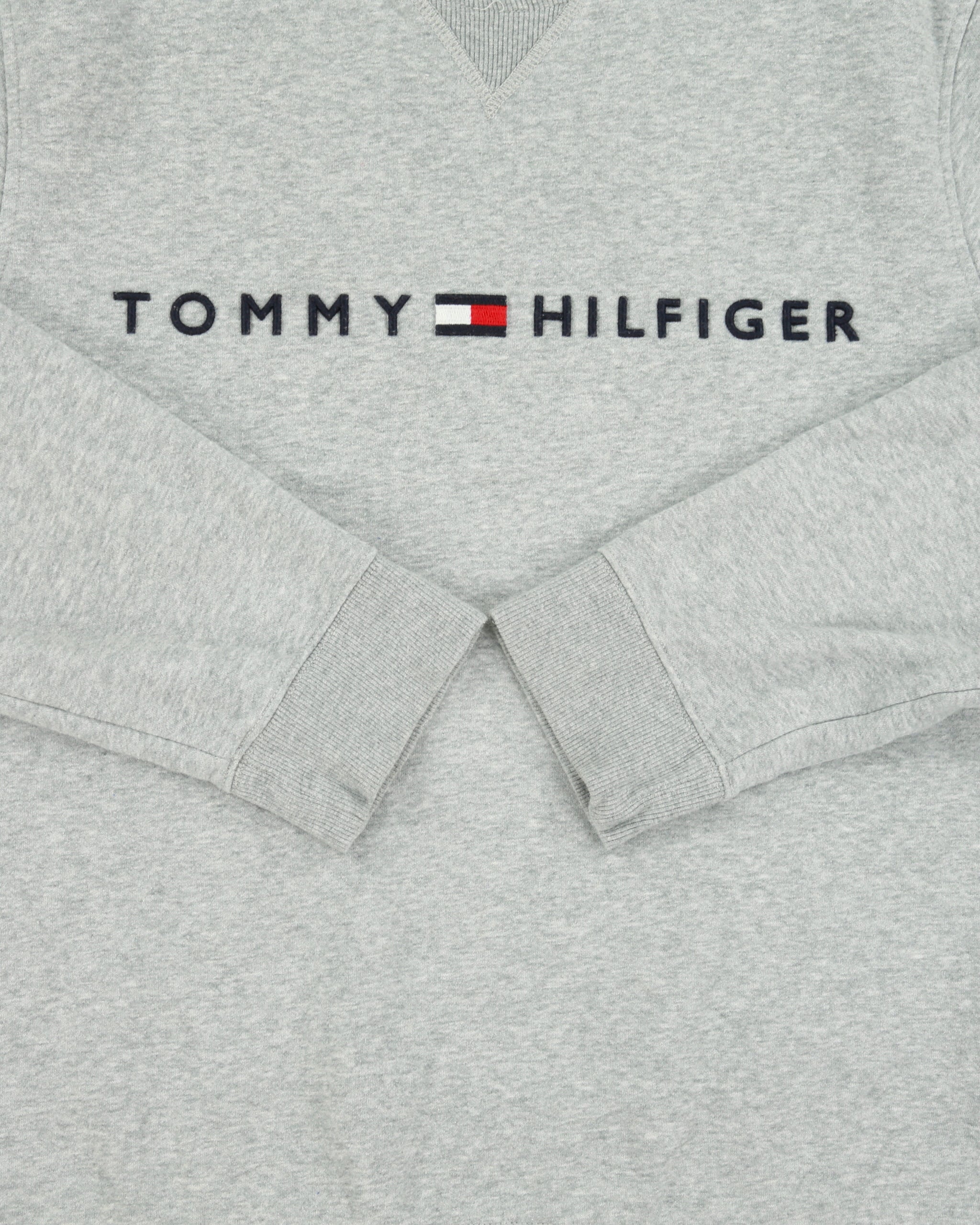 Vintage Tommy Hilfiger Grey Marl Embroidered Spell Out Fleece Lined Crewneck Sweatshirt - L