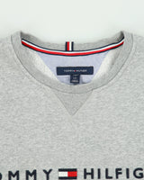 Vintage Tommy Hilfiger Grey Marl Embroidered Spell Out Fleece Lined Crewneck Sweatshirt - L