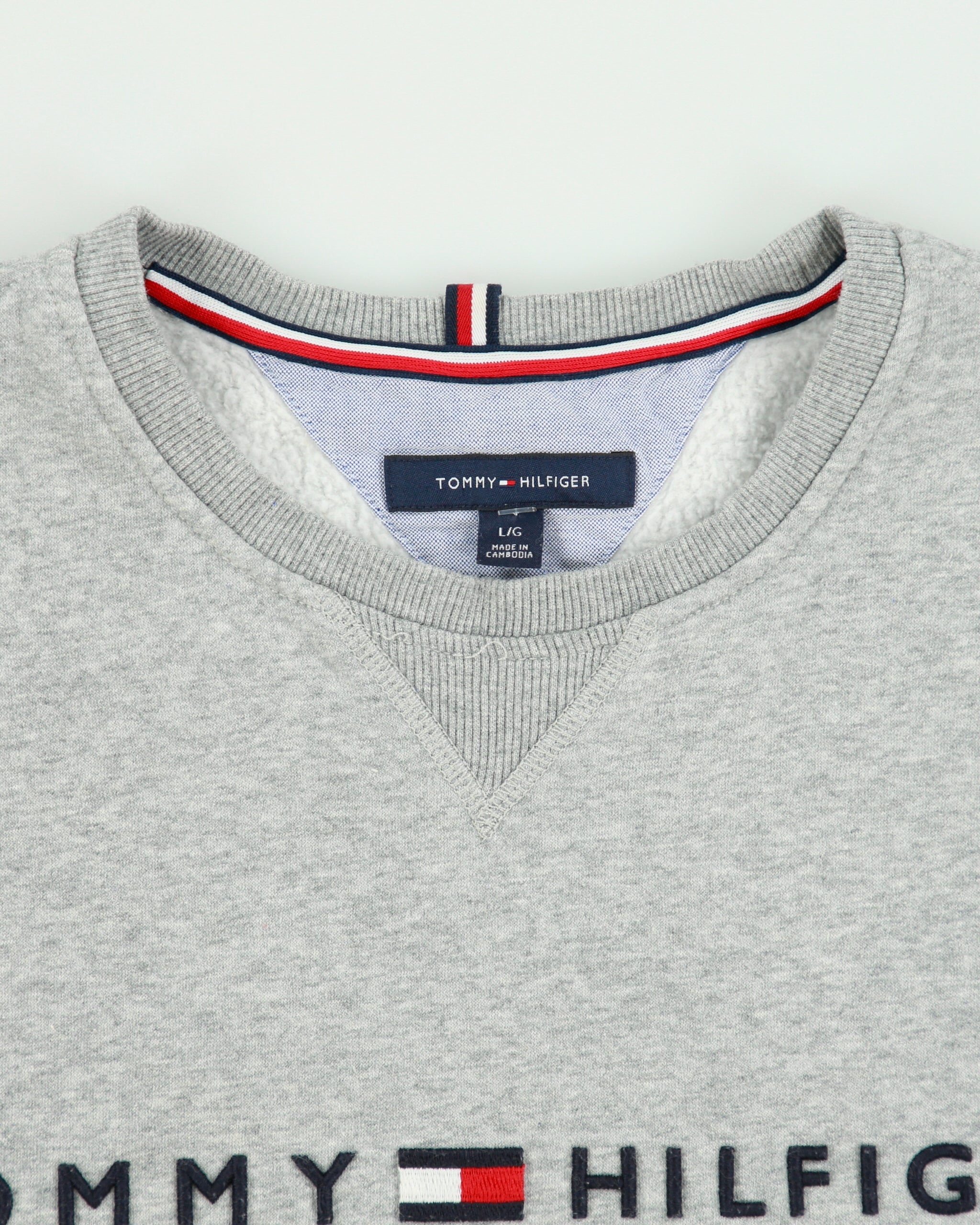 Vintage Tommy Hilfiger Grey Marl Embroidered Spell Out Fleece Lined Crewneck Sweatshirt - L