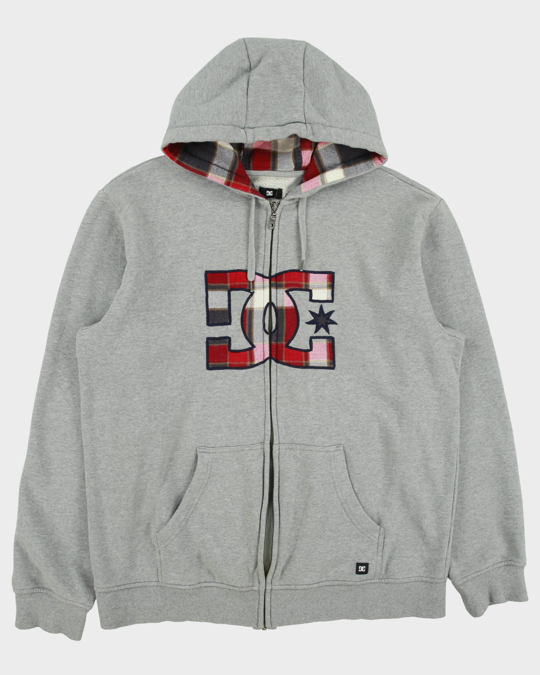 Vintage Y2K 00s DC Shoe Co. Grey Marl Plaid Embroidered Zip-Up Hoodie - L