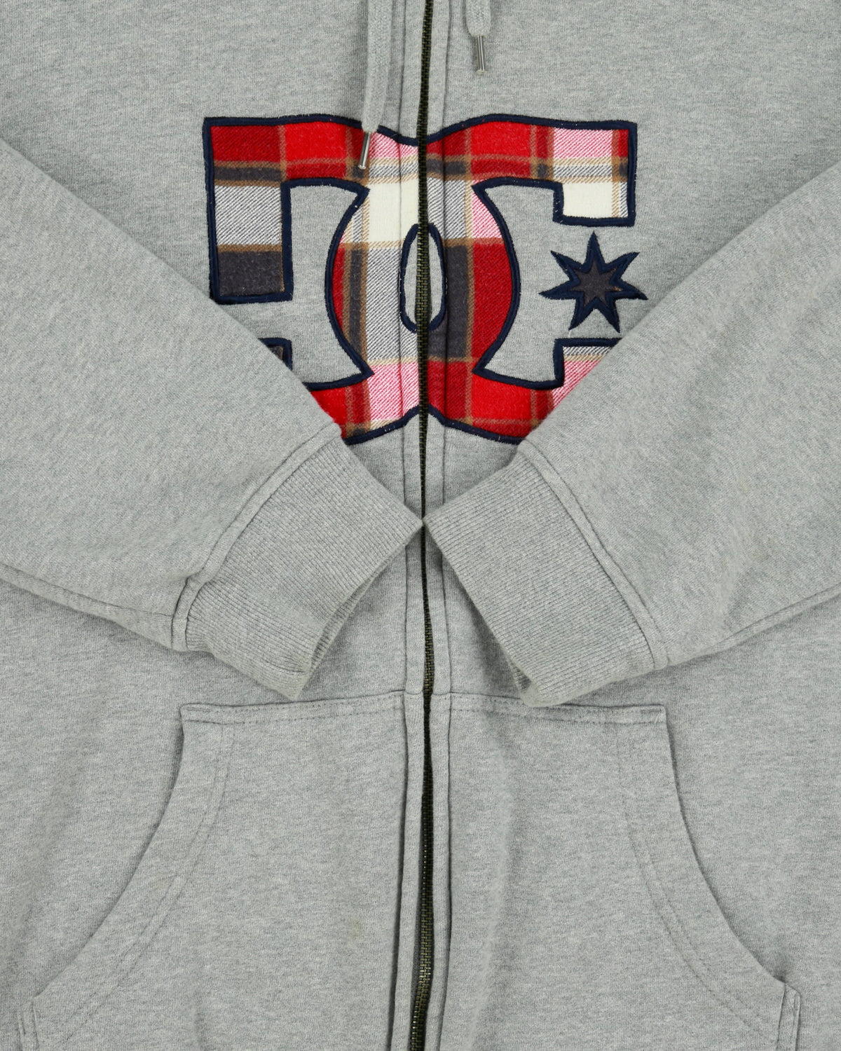 Vintage Y2K 00s DC Shoe Co. Grey Marl Plaid Embroidered Zip-Up Hoodie - L