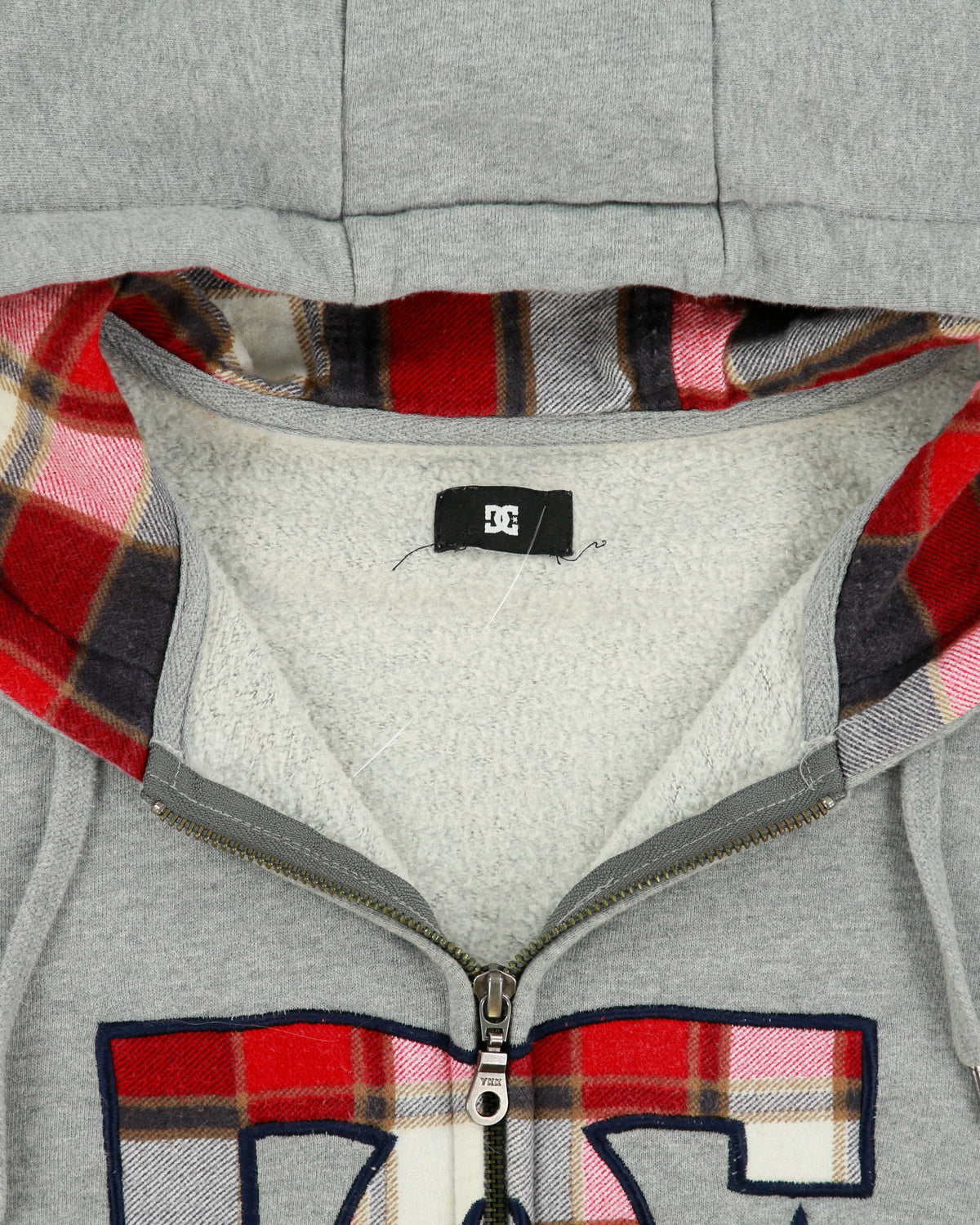 Vintage Y2K 00s DC Shoe Co. Grey Marl Plaid Embroidered Zip-Up Hoodie - L