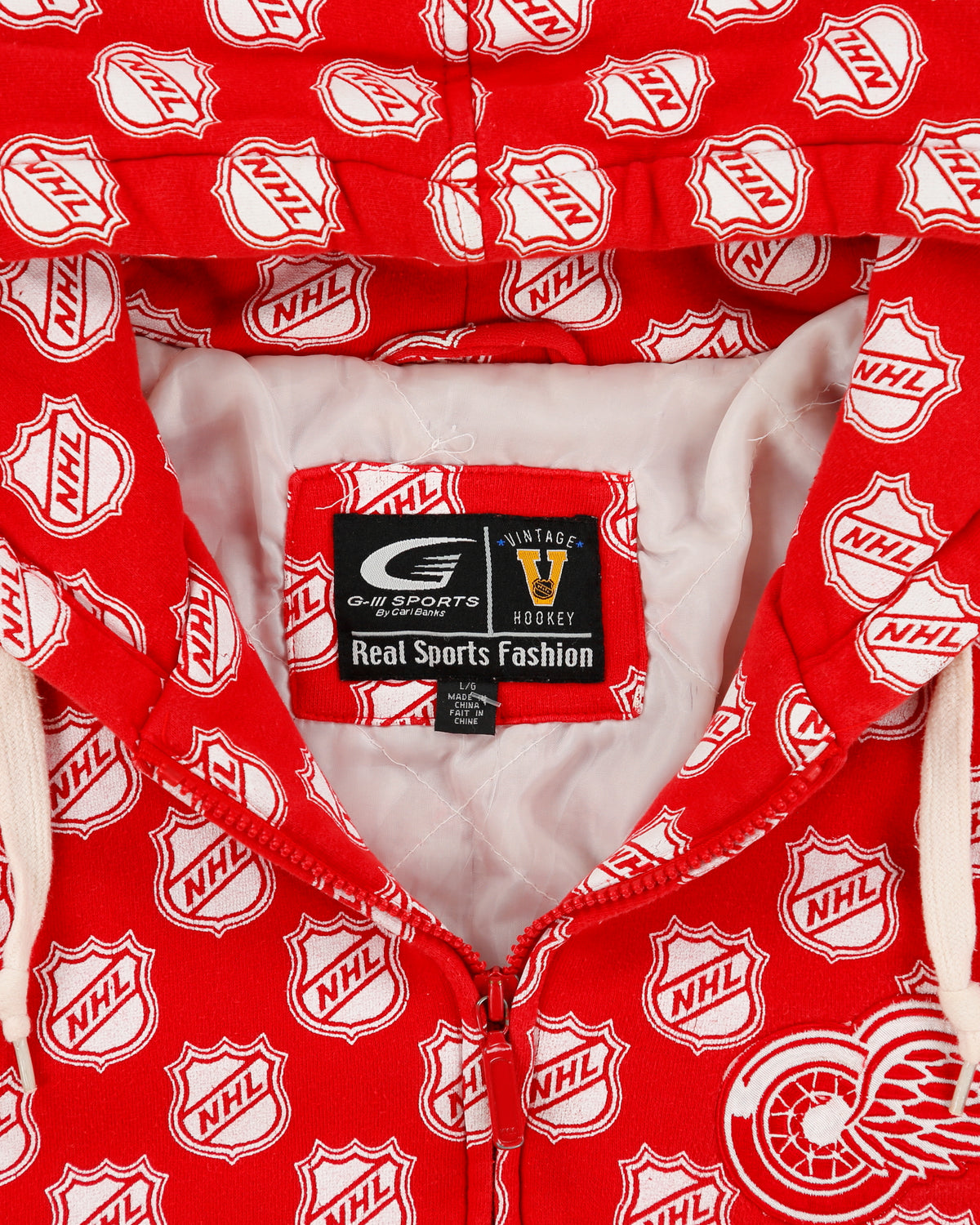Vintage Y2K 00s G-III Carl Banks Detroit Red Wings NHL Ice Hockey Quilt Lined Zip-Up Hoodie - L