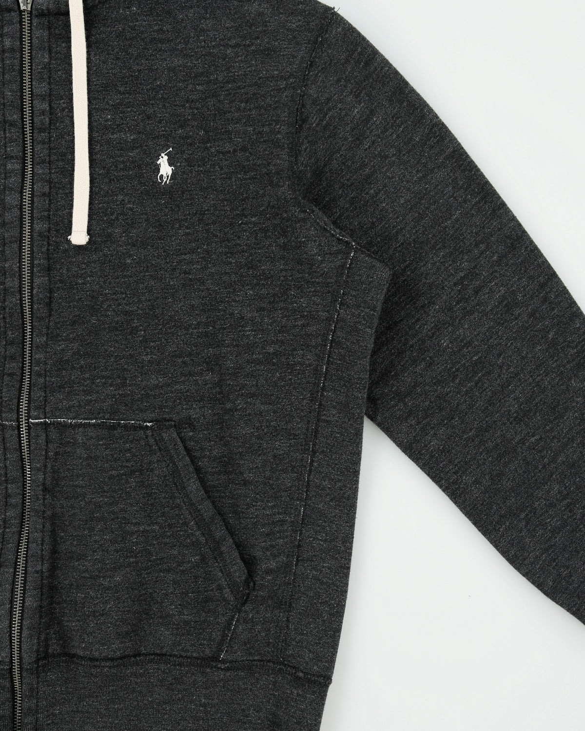 Vintage Polo Ralph Lauren Grey Marl Heavyweight Waffle Hood Exposed Hem Zip-Up Hoodie - M