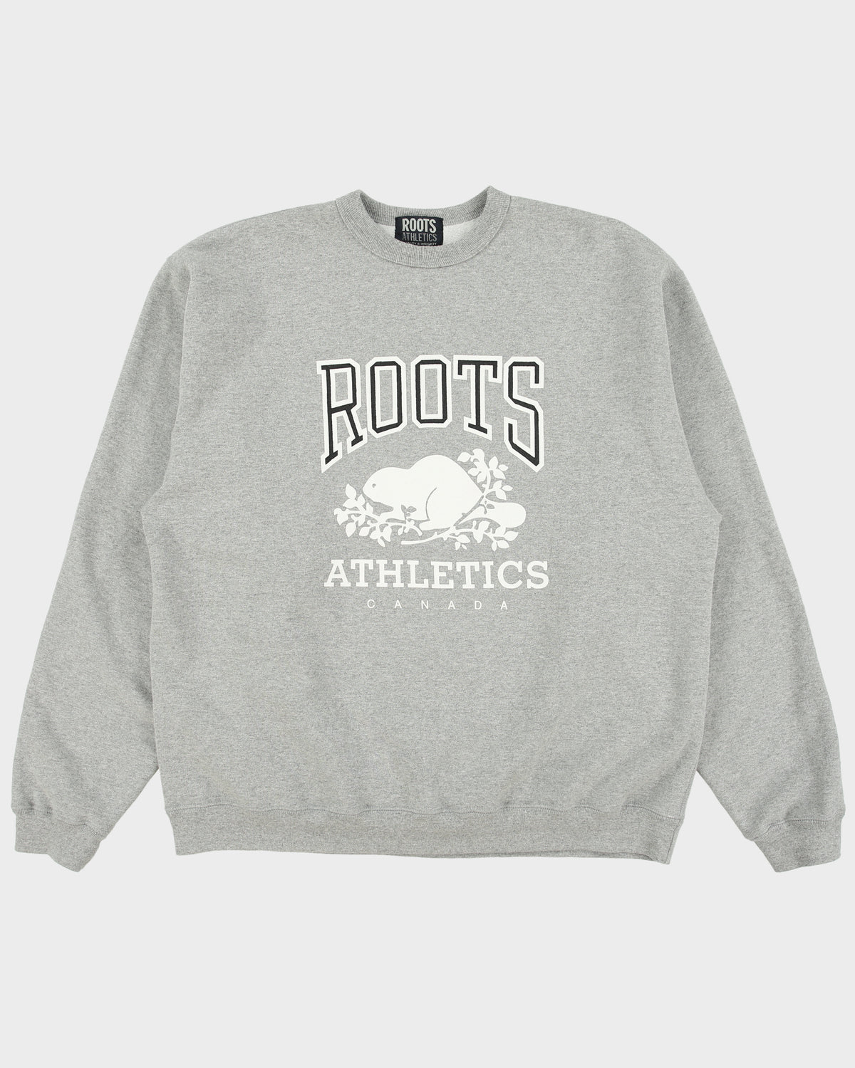 Vintage 1990s Roots Athletics Marl Grey Fleeced Lined Made In America Crewneck Sweatshirt - XL