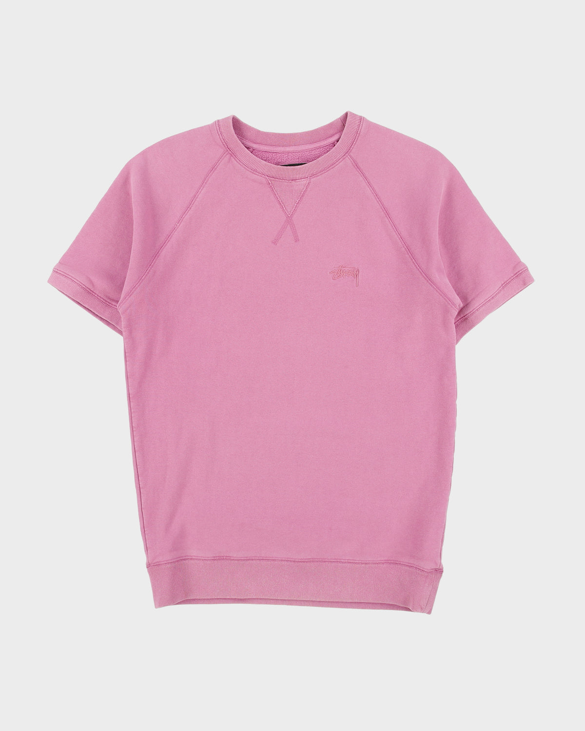 Vintage Stussy Hot Pink Embroidered Stock Logo Short Sleeve Crewneck Sweatshirt - S