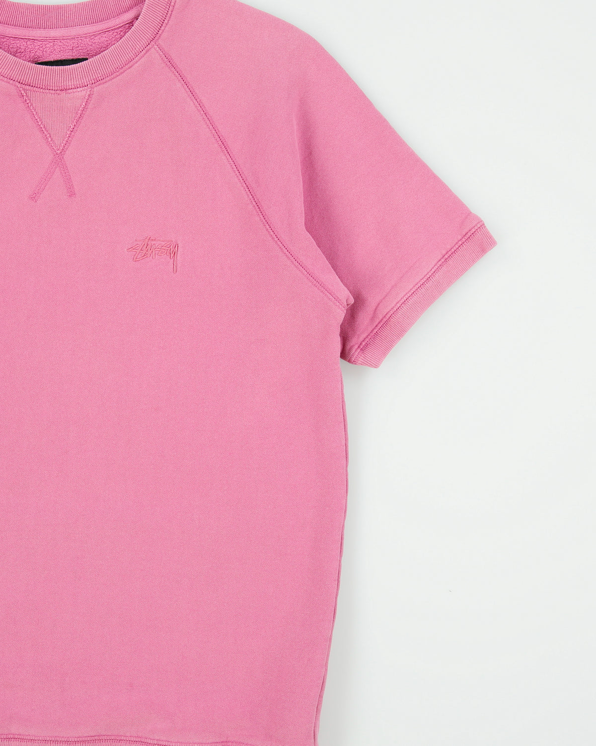 Vintage Stussy Hot Pink Embroidered Stock Logo Short Sleeve Crewneck Sweatshirt - S