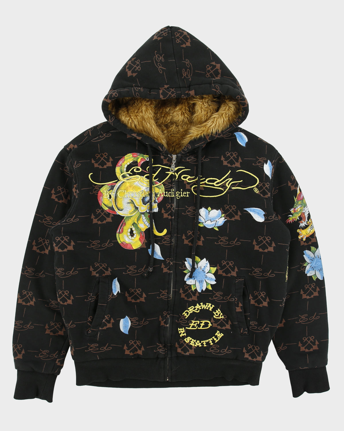 Vintage Y2K 00s Ed Hardy By Christian Audigier Faux Fur Lined Zip-Up Tattoo Hoodie - M
