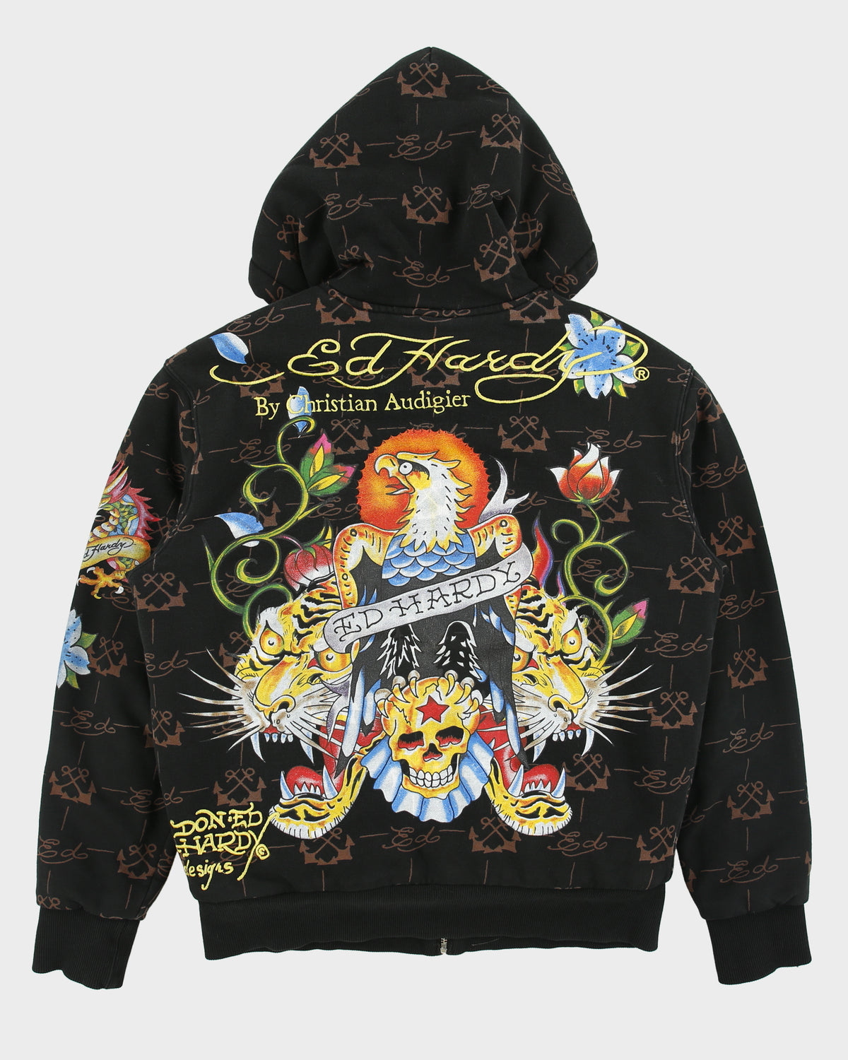 Vintage Y2K 00s Ed Hardy By Christian Audigier Faux Fur Lined Zip-Up Tattoo Hoodie - M