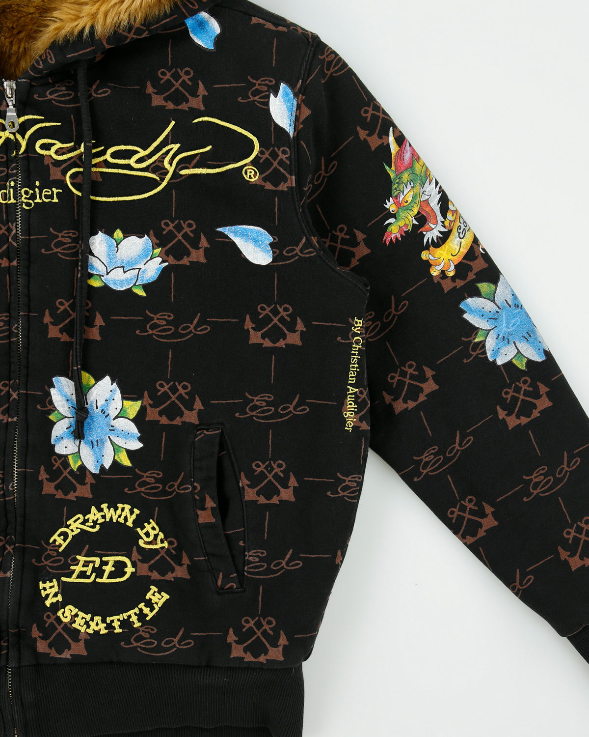 Vintage Y2K 00s Ed Hardy By Christian Audigier Faux Fur Lined Zip-Up Tattoo Hoodie - M
