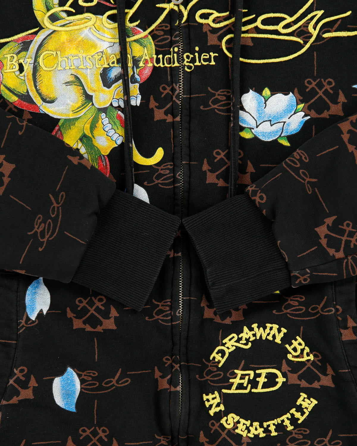 Vintage Y2K 00s Ed Hardy By Christian Audigier Faux Fur Lined Zip-Up Tattoo Hoodie - M