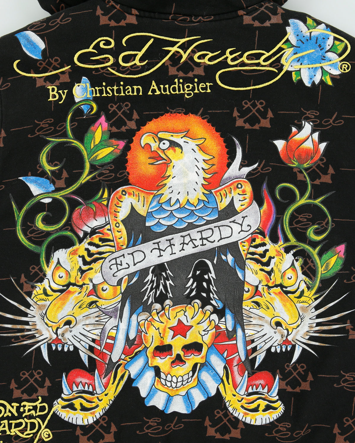 Vintage Y2K 00s Ed Hardy By Christian Audigier Faux Fur Lined Zip-Up Tattoo Hoodie - M