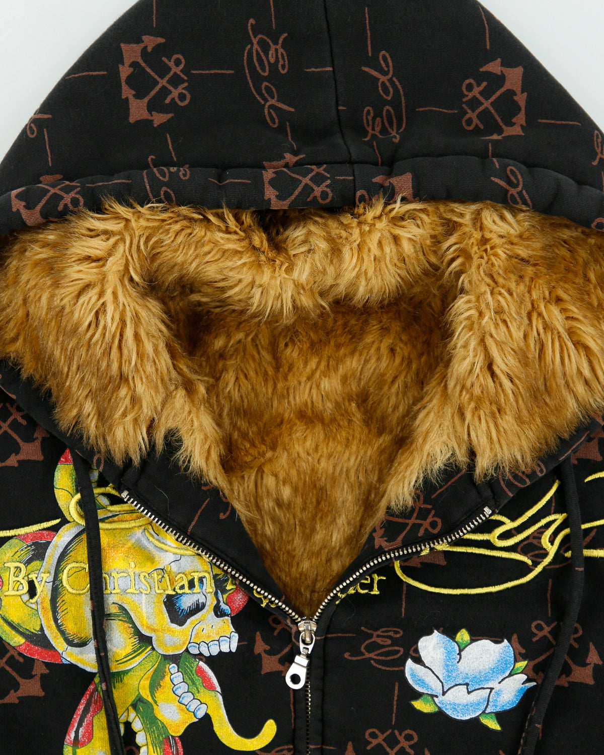 Vintage Y2K 00s Ed Hardy By Christian Audigier Faux Fur Lined Zip-Up Tattoo Hoodie - M