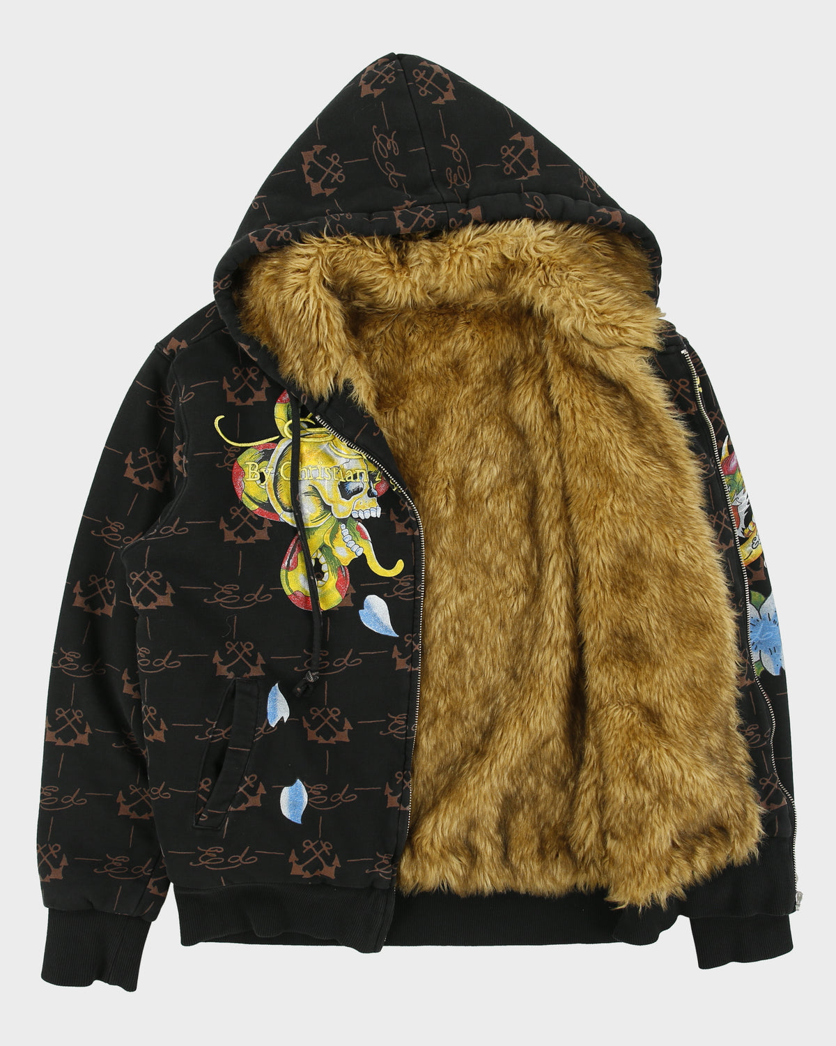 Vintage Y2K 00s Ed Hardy By Christian Audigier Faux Fur Lined Zip-Up Tattoo Hoodie - M