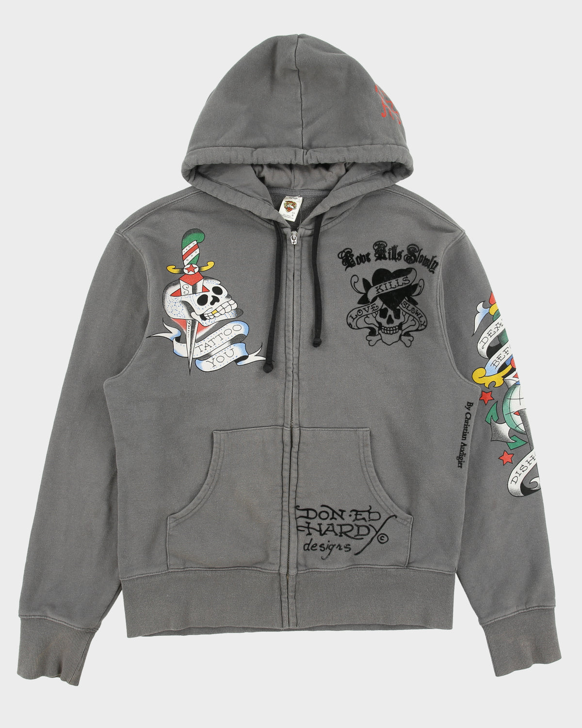 Vintage Y2K 00s Ed Hardy By Christian Audigier Love Kills Slowly Zip-Up Tattoo Hoodie - M