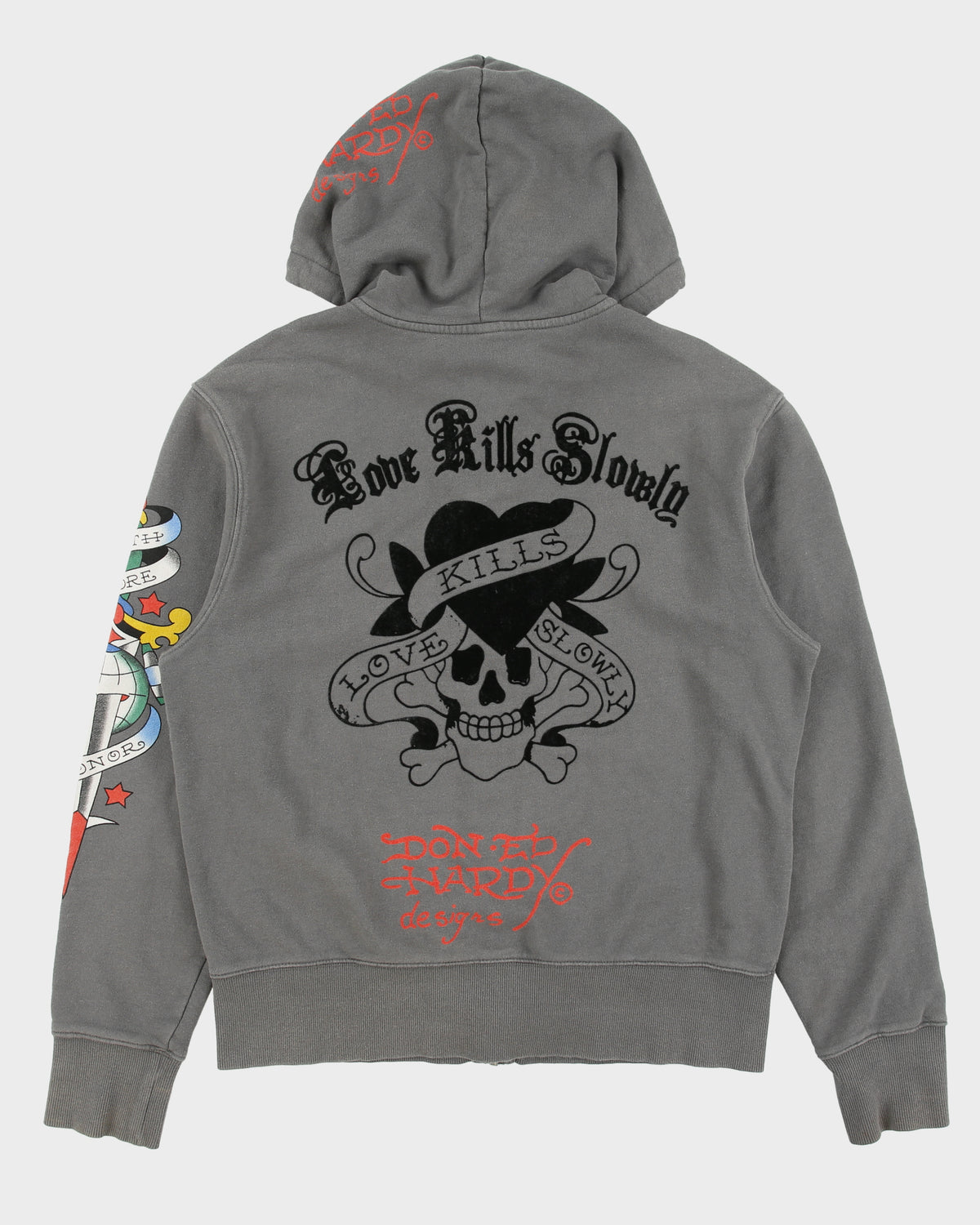 Vintage Y2K 00s Ed Hardy By Christian Audigier Love Kills Slowly Zip-Up Tattoo Hoodie - M
